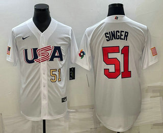 Mens USA Baseball #51 Brady Singer Number 2023 White World Baseball Classic Stitched Jerseys
